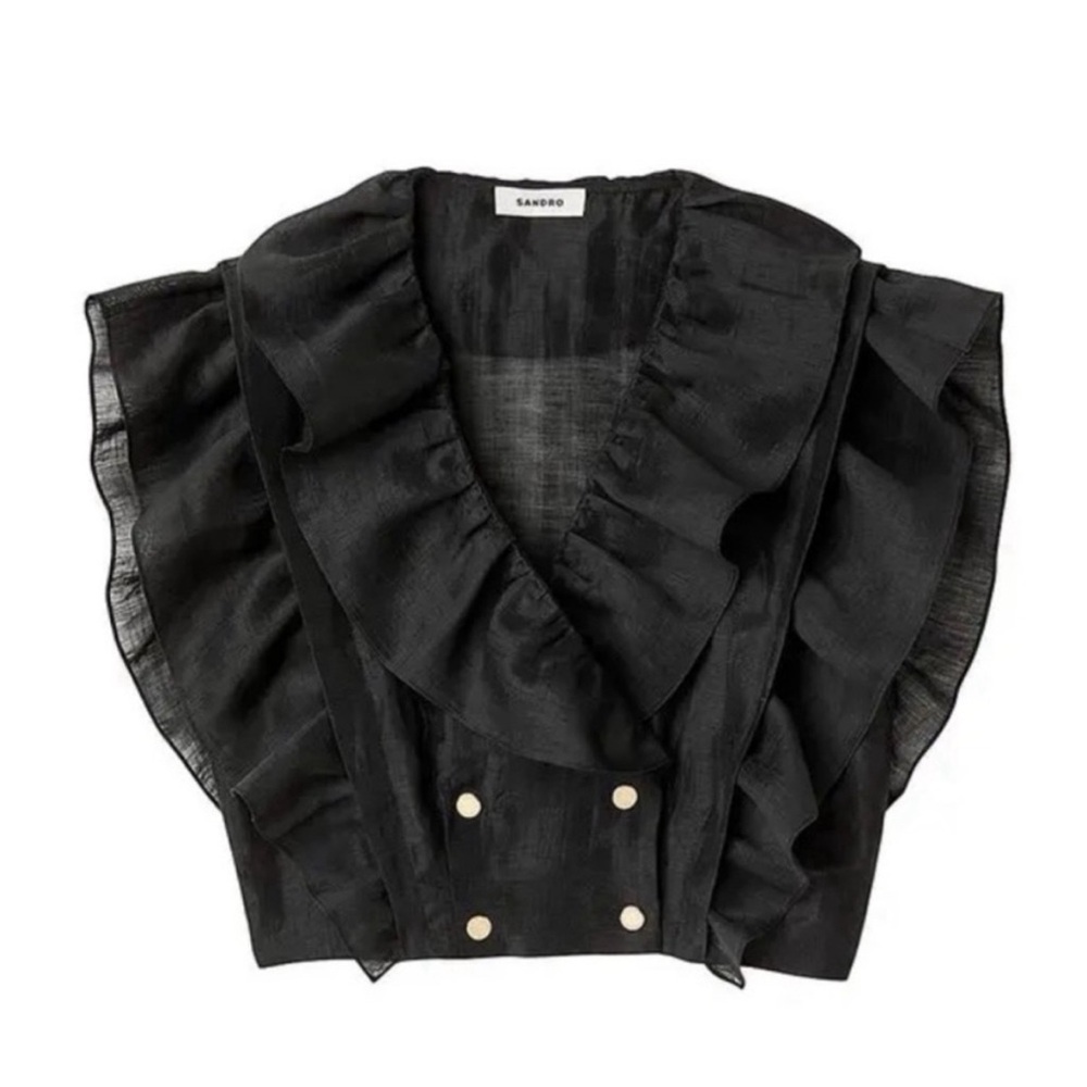 Sandro Folie Ruffled Linen Blend Black Crop Top in Size 2/M